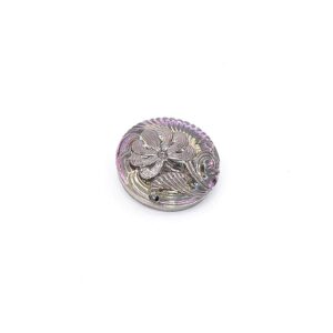 Vintage Czech Glass Flower Button - Purple Iridescent Antiqued with Silver Paint - Metal Shank- 18mm