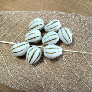 Drop Melon Beads, White Gold Wash, Czech Glass Bead, 10 Beads, 11mm x 9mm