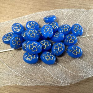 Blue Opal Gold Wash Shamrock Czech Glass 10mm, Clover Bead, 15 beads