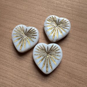 White Gold Wash Kiwi Heart Starburst Czech Glass Bead - 18mm - 4 Beads
