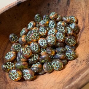 Amber Travertine & Metallic Green Shamrock Oval Czech Glass 10mm, Clover Bead, 15 beads