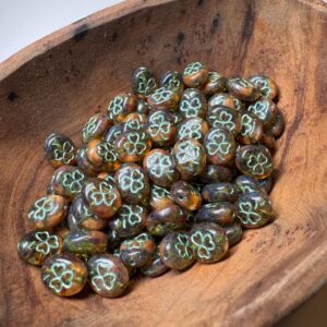 Alternative view of Amber Travertine & Metallic Green Shamrock Oval Czech Glass 10mm, Clover Bead, 15 beads