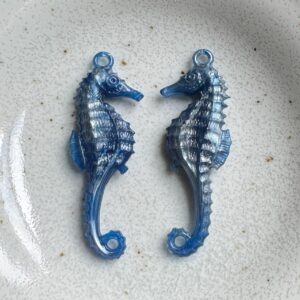 Vintage German Resin Seahorse Pendant – Blue Silver Swirl – Lightweight Nautical Pendants for Jewelry Making - 50mm - 2pcs.