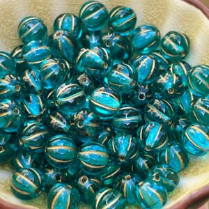 Teal and Gold, 8mm Melon Bead, Czech Glass Bead, 25 Beads