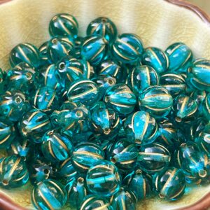 Alternative view of Teal and Gold, 8mm Melon Bead, Czech Glass Bead, 25 Beads