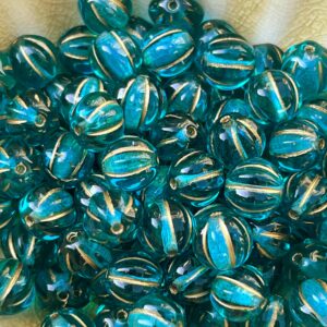 Teal and Gold, 8mm Melon Bead, Czech Glass Bead, 25 Beads - Image 3