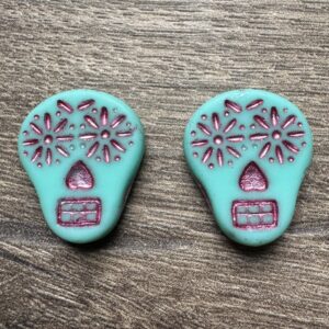 Czech Glass Sugar Skull Beads, Matte Turquoise with Metallic Magenta Wash, 4pcs, 20x17mm