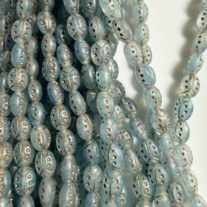 Czech Glass strand 25 Beads blue/gold oval ladybug design 8mm x 6mm