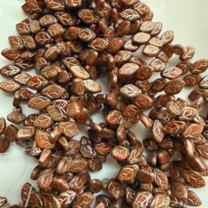 Czech glass brown/rust leaf copper detail beads 12mm x 7mm, single strand 43 beads