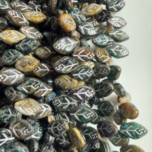 Czech glass brown/tan/teal leaf beads 12mm x 7mm, single strand 43 beads