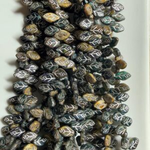 Alternative view of Czech glass brown/tan/teal leaf beads 12mm x 7mm, single strand 43 beads