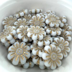 White and Gold Daisy Flower Czech Glass Bead, 18mm, 6 beads