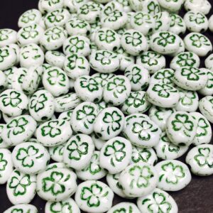 White and Green Shamrock Clover Czech Glass Bead, 15 Beads