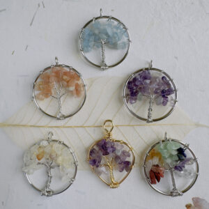 Tree of Life Pendant Silver Gold Mixed Gemstone Amethyst Citrine Sun Stone Aquamarine
