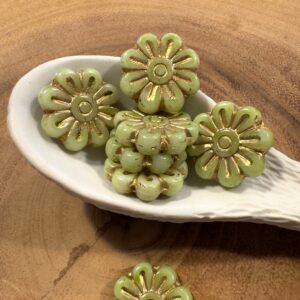 Light Green Gold Wash Flower Daisy Czech Glass Bead, 18mm, 6 beads