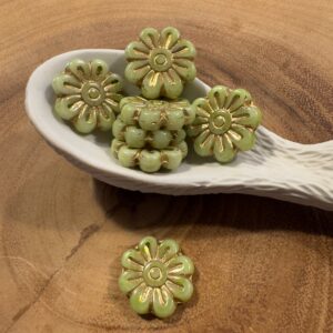Light Green Gold Wash Flower Daisy Czech Glass Bead, 18mm, 6 beads - Image 3