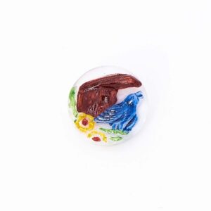 Vintage Czech Glass Button, White Moonglow Painted Blue Birdie, Metal Shank, 18mm