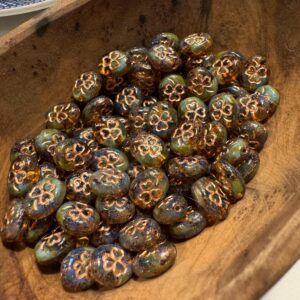 Amber Travertine & Copper Shamrock Oval Czech Glass 10mm, Clover Bead, 15 beads