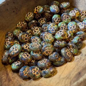 Alternative view of Amber Travertine & Copper Shamrock Oval Czech Glass 10mm, Clover Bead, 15 beads
