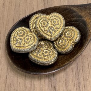 Heart With Folklore Flowers Beads, White Opal Gold Wash Czech Glass Bead, 17mm, 4 Beads